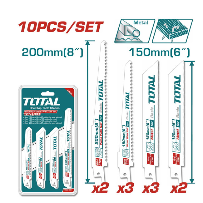 Bộ 10 lưỡi cưa kiếm cắt gỗ có đinh và kim loại Total TRSB1001