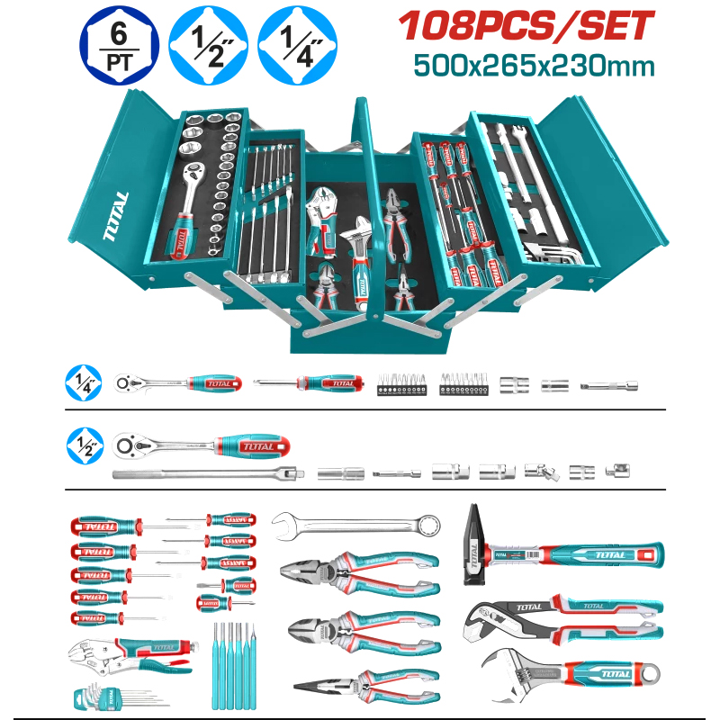 Bộ 108 dụng cụ cầm tay trong hộp đồ nghề Total THTCS121081