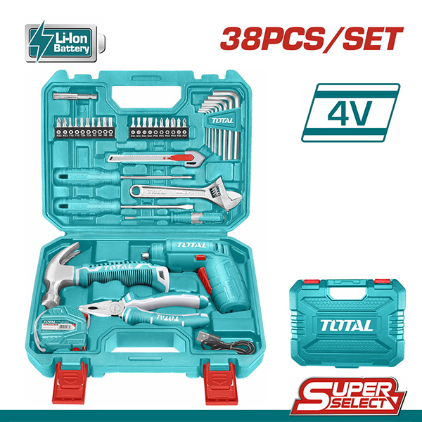 Bộ 38 món bao gồm máy siết vít TSDLI0402 Total THKTHP10386