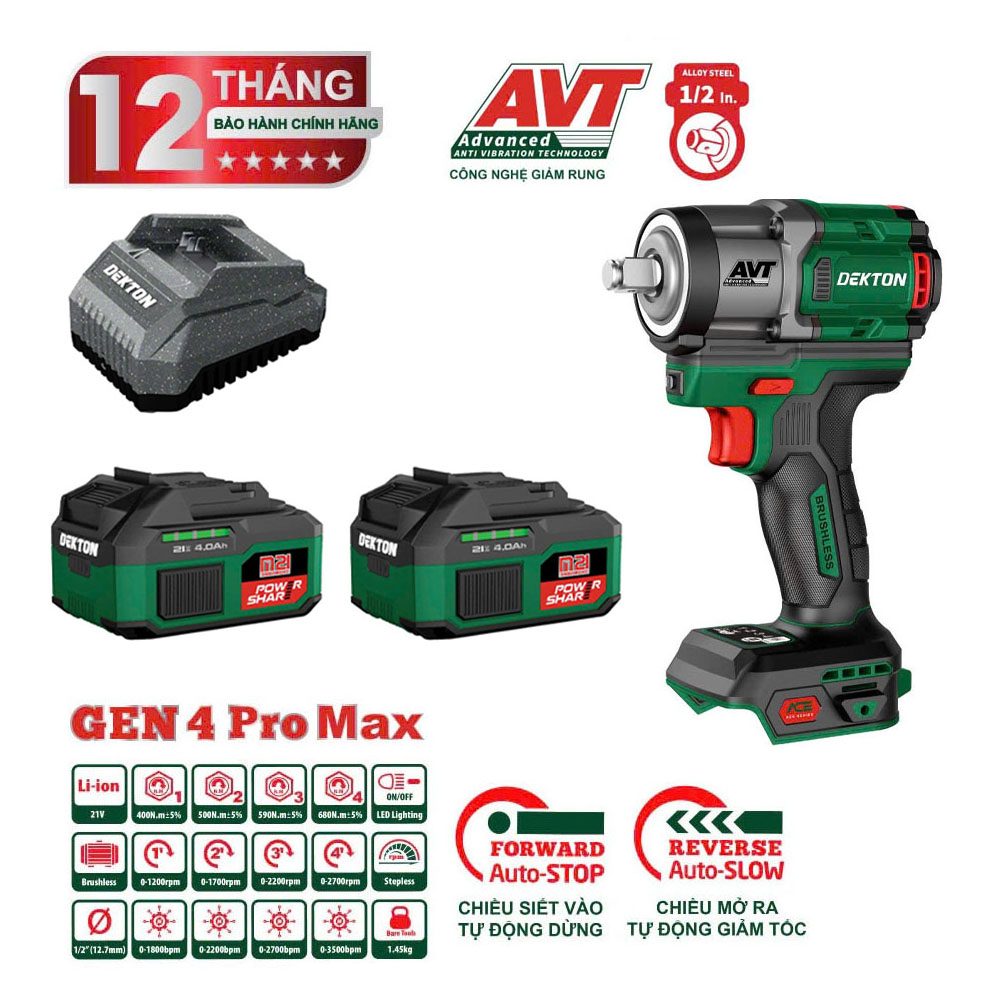 Bộ máy siết bu lông dùng pin 21V Dekton M21-IW680PROMAX (2 Pin 4.0Ah & 1 Sạc)