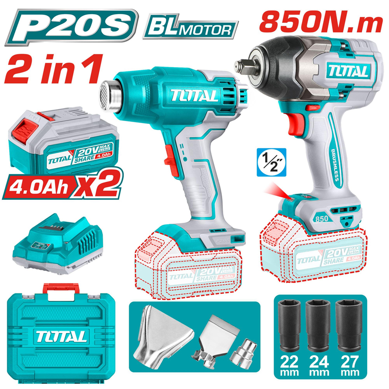 Bộ máy siết bu lông và máy thổi nóng dùng pin 20V Total TOSLI240489 (2 Pin 4.0Ah, 1 Sạc)