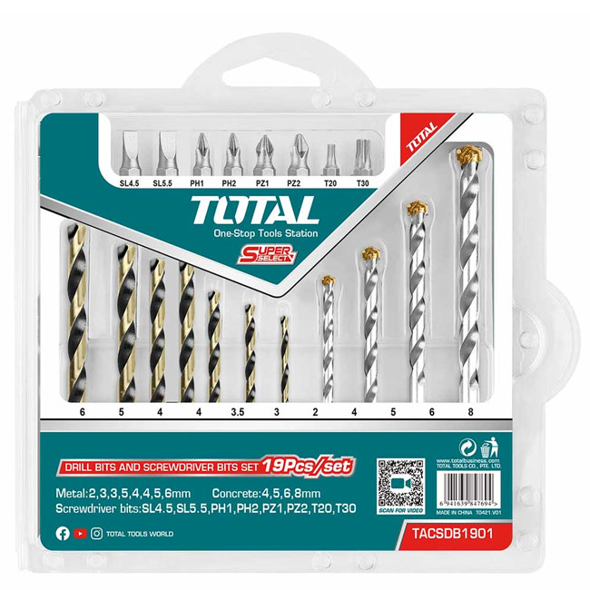 Bộ mũi khoan và mũi vặn vít đa năng 19 chi tiết Total TACSDB1901