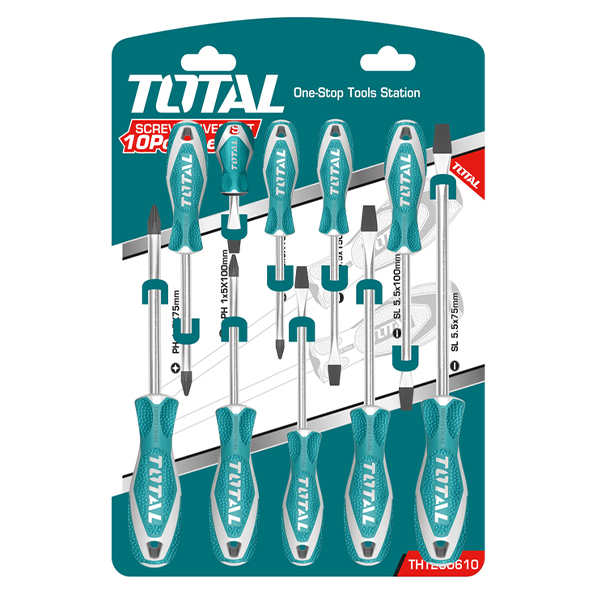 Bộ tuốc nơ vít dẹp và bake 10 chi tiết Total THT250610
