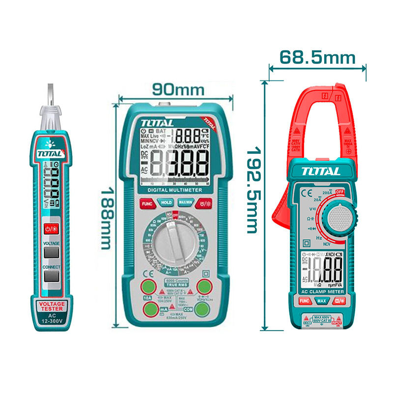 Combo cho thợ điện gồm - Bút thử điện THTS33001 & Đồng hồ vạn năng TMT5310002 & Ampe kìm TMT762002 Total TOS24067