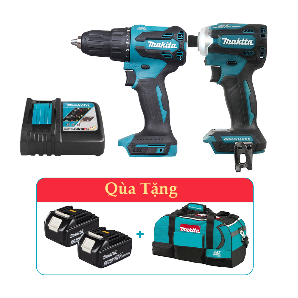 Combo Makita New 2 - Máy khoan DHP490 + Máy vặn vít DTD171 Tặng 2 Pin 3.0Ah + Túi đựng dụng cụ có bánh xe
