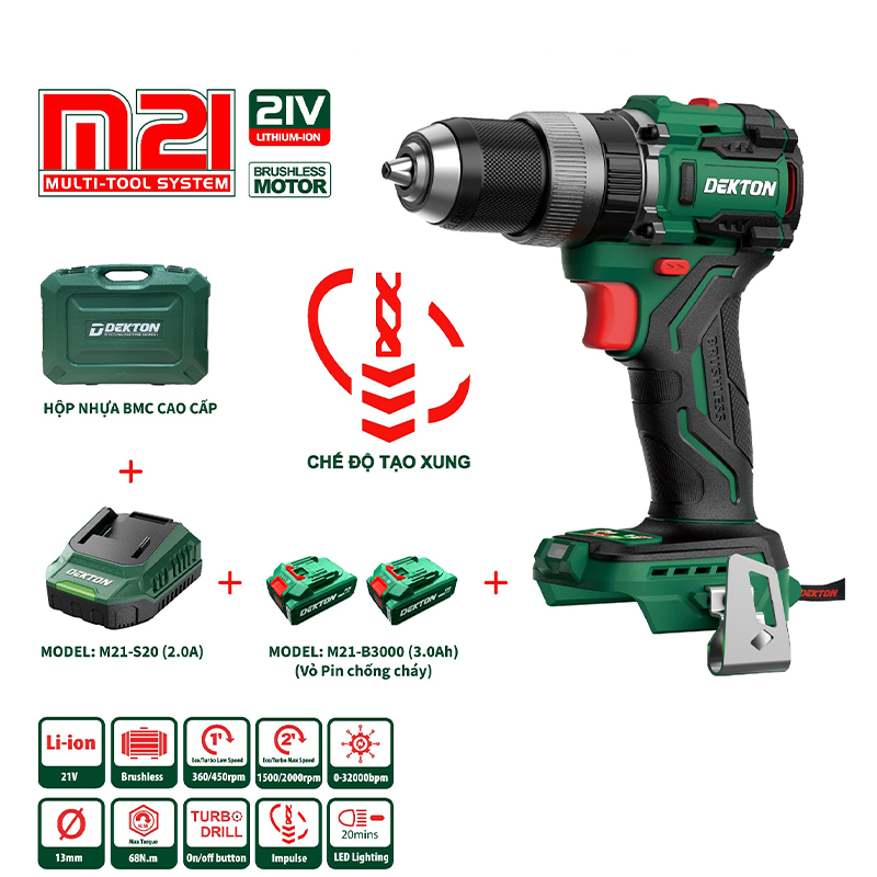 Combo máy khoan động lực 21V Dekton M21-KB1368PRO (2 Pin 3.0Ah & Sạc)