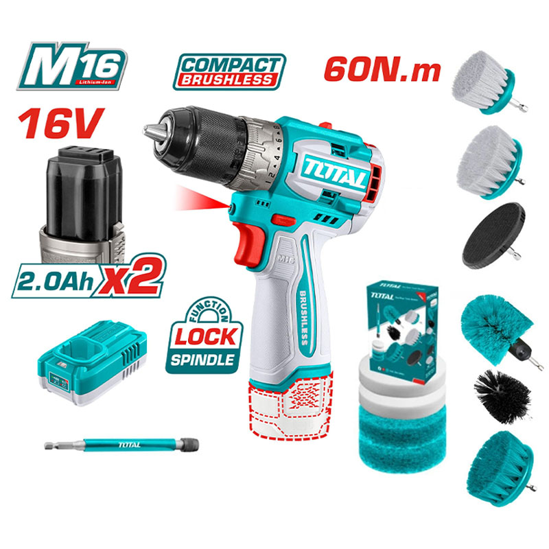 Combo Máy khoan pin 16V Total TOSLI240786 (Kèm 11 bàn chải TACB1101)