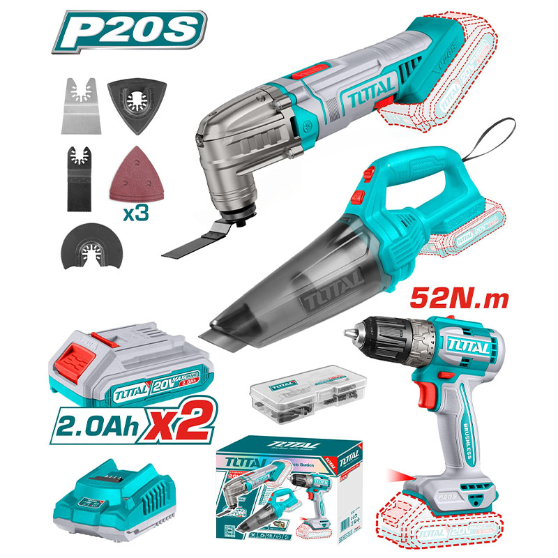 Combo máy khoan TDLI204531 + Máy cắt rung TMLI2022 + Máy hút bụi TVLI201261 Total TOSLI240685