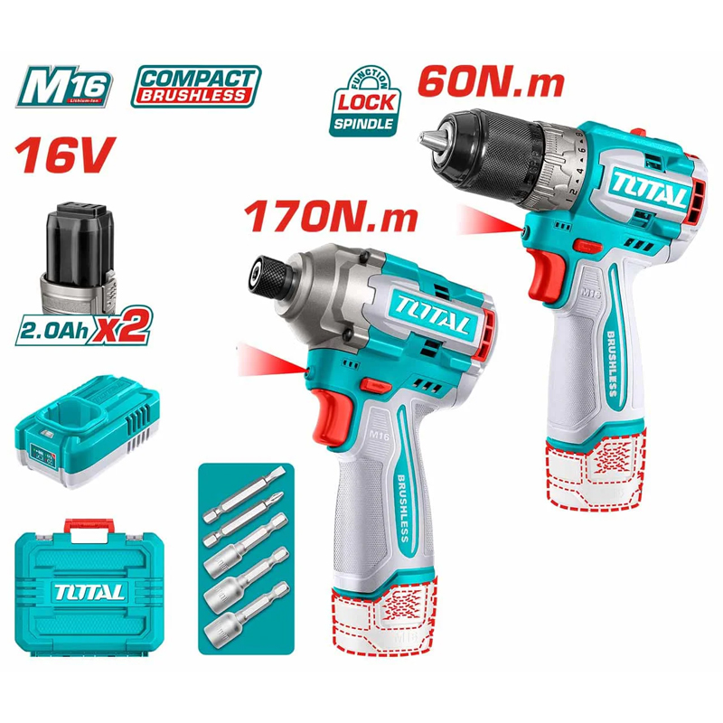 Combo máy khoan và máy vặn vít dùng pin 16V Total TOSLI240968