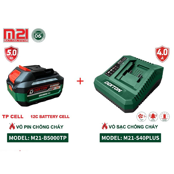 Combo Pin Sạc 21V Dekton 1 Pin 5.0Ah & 1 Sạc nhanh 4A (M21-B5000TP+M21-S40PLUS)