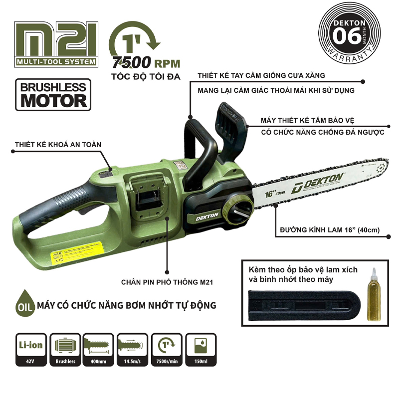 Máy cưa xích dùng pin 21V Dekton M21X2-CX16XPRO (Chưa Pin & Sạc)