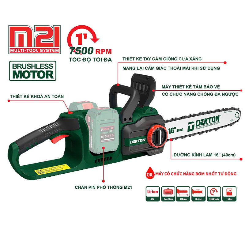 Máy cưa xích dùng pin Dekton M21x2-CS16BL (Chưa Pin & Sạc)