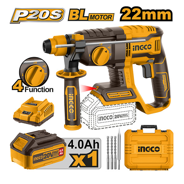 Máy khoan bê tông dùng pin 20V Ingco CRHLI202081 (1 Pin 4.0Ah & Sạc)