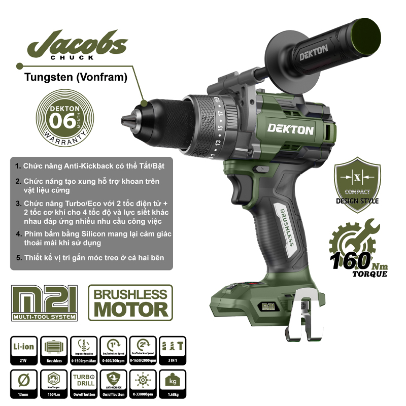 Máy khoan động lực dùng pin 21V Dekton M21-ID13160XPRO (Chưa kèm pin & sạc)