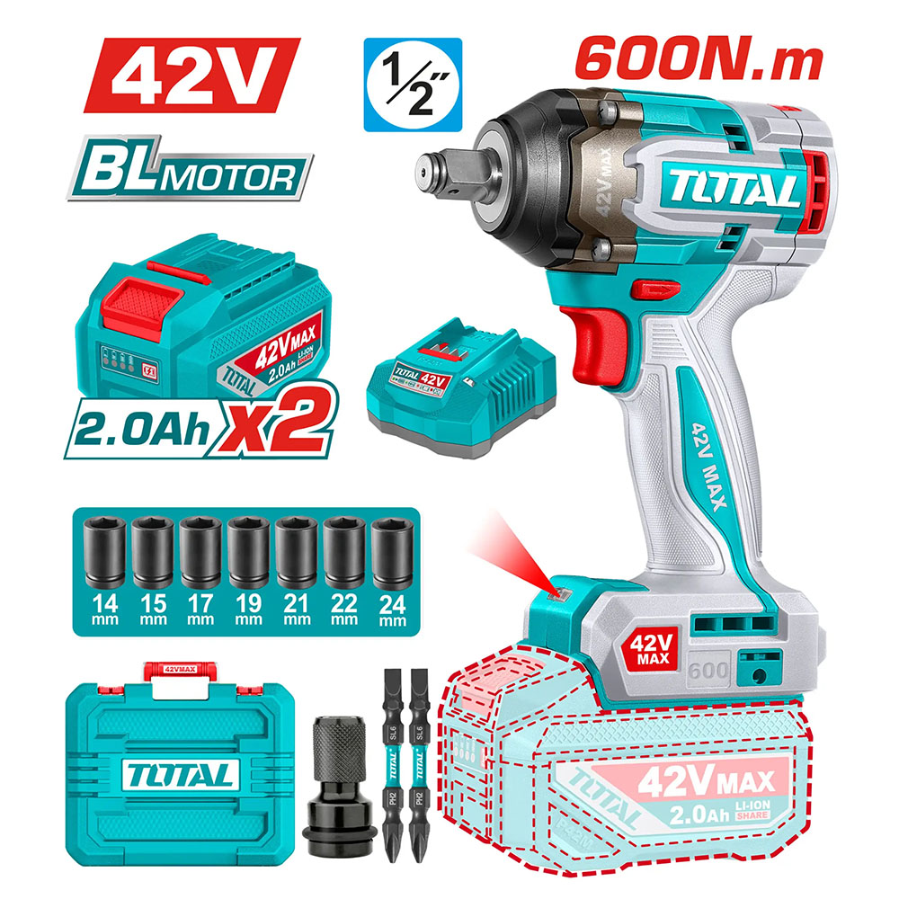 Máy vặn bu lông dùng pin 42V Total TIWLI42602 (2 Pin 2.0Ah, 1 Sạc)