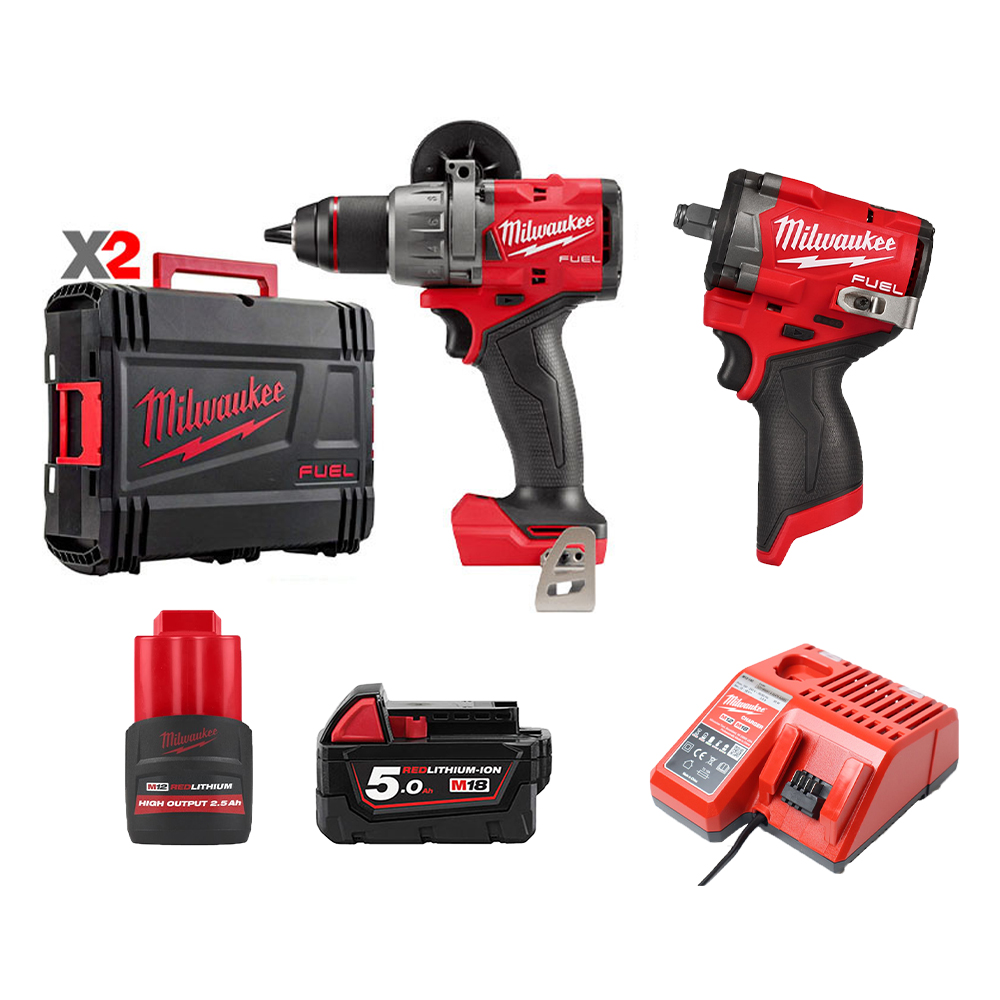 RED Combo 3 | Quý 2 - Máy khoan M18 FPD3-0X + Máy siết bu lông M12 FIW2F12-0X0 + Pin 18V/5.0Ah + Pin 12V 2.5Ah + Bộ Sạc 12V-18V