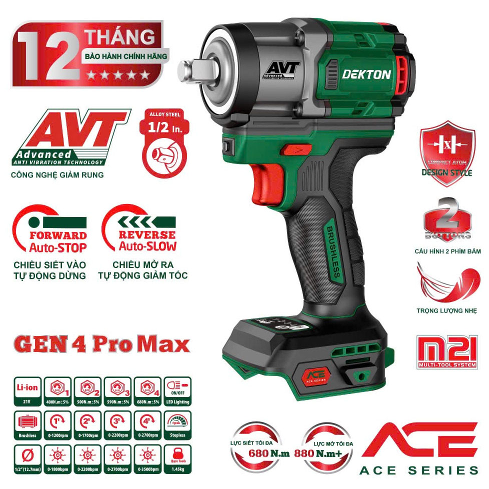 Thân máy khoan bu lông dùng pin 21V Dekton M21-IW680PROMAX